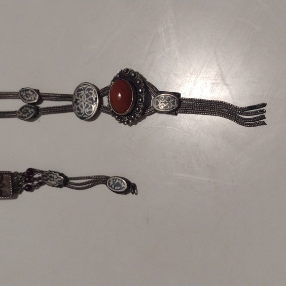 Antique Art Deco Turkish Snake Chain Heavy Silver Metal Necklace Bracelet Set - Picture 6 of 16